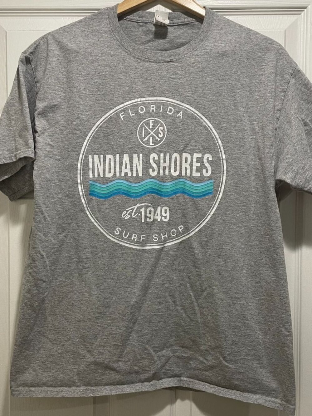Indian Shores Florida T-Shirt Men's Size L Heather Gray Surf Shop Summer Tee